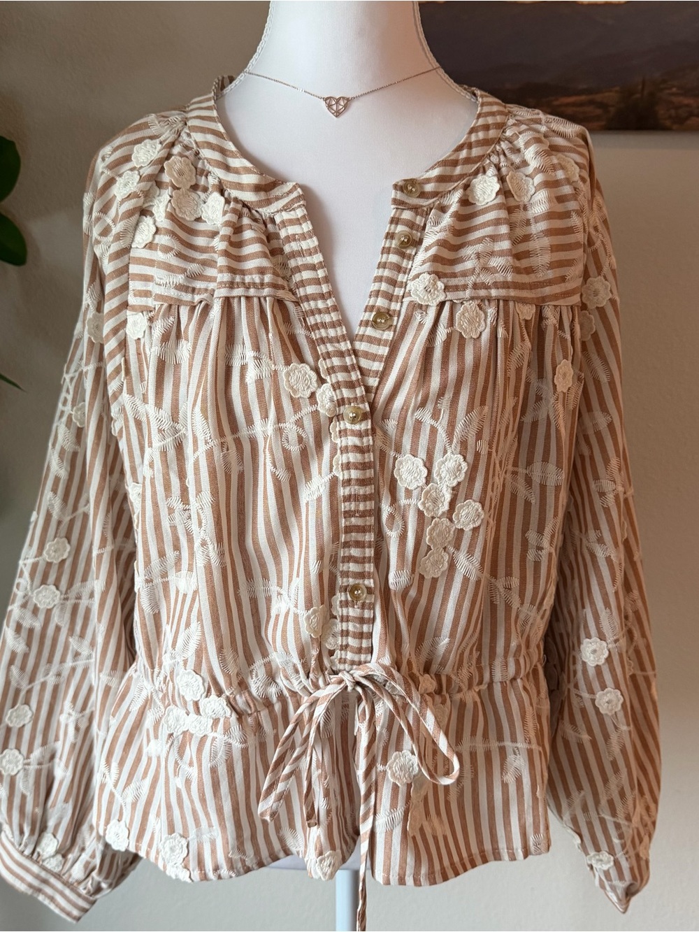 entro Beige & Ivory Striped Floral Embroidered Peasant Top